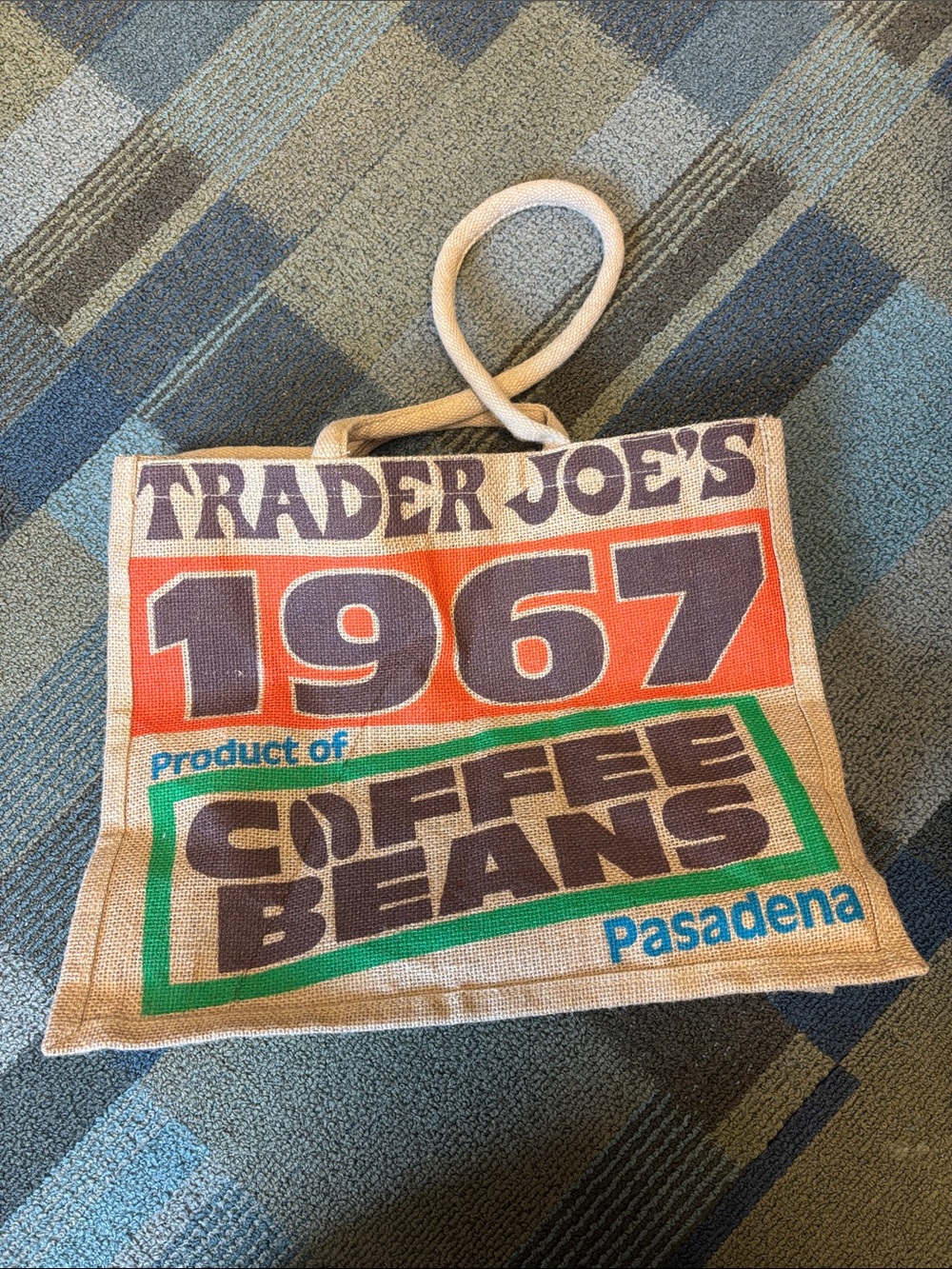 Trader Joe's 1967 Coffee Beans Tote - Natural Burlap with Orange & Green